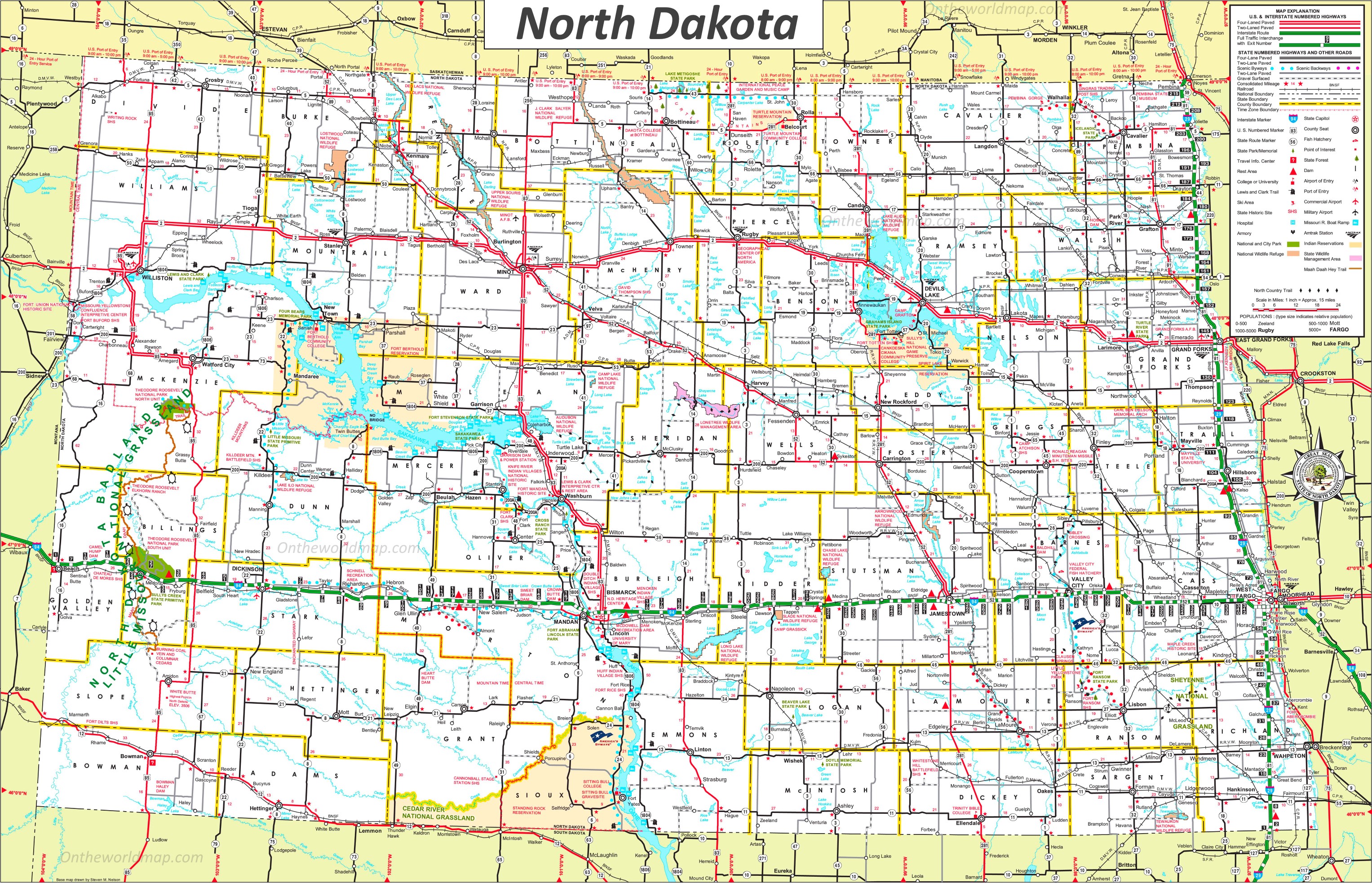 state map of north dakota Large Detailed Tourist Map Of North Dakota With Cities And Towns state map of north dakota