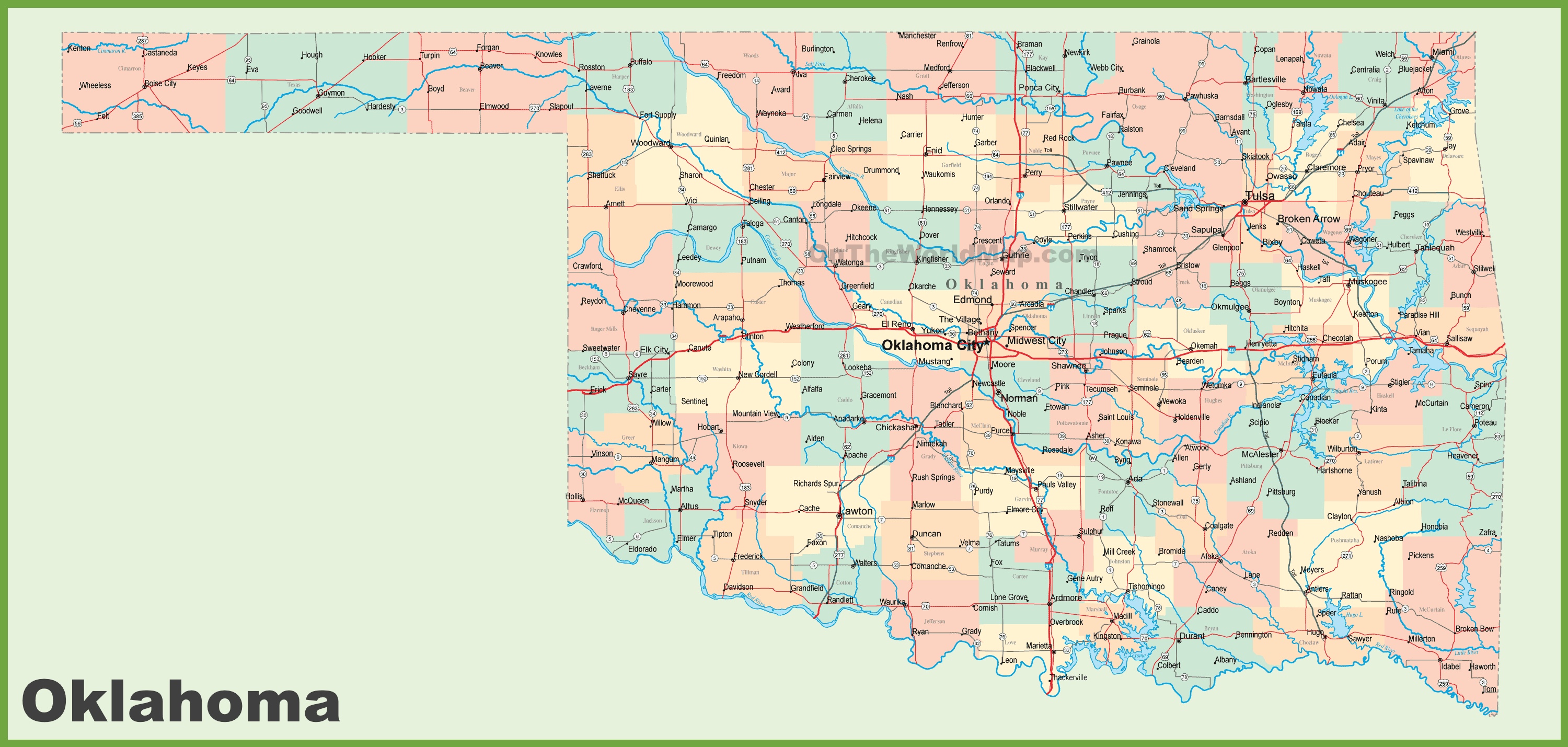 Oklahoma Map Of Counties And Cities Time Zones Map