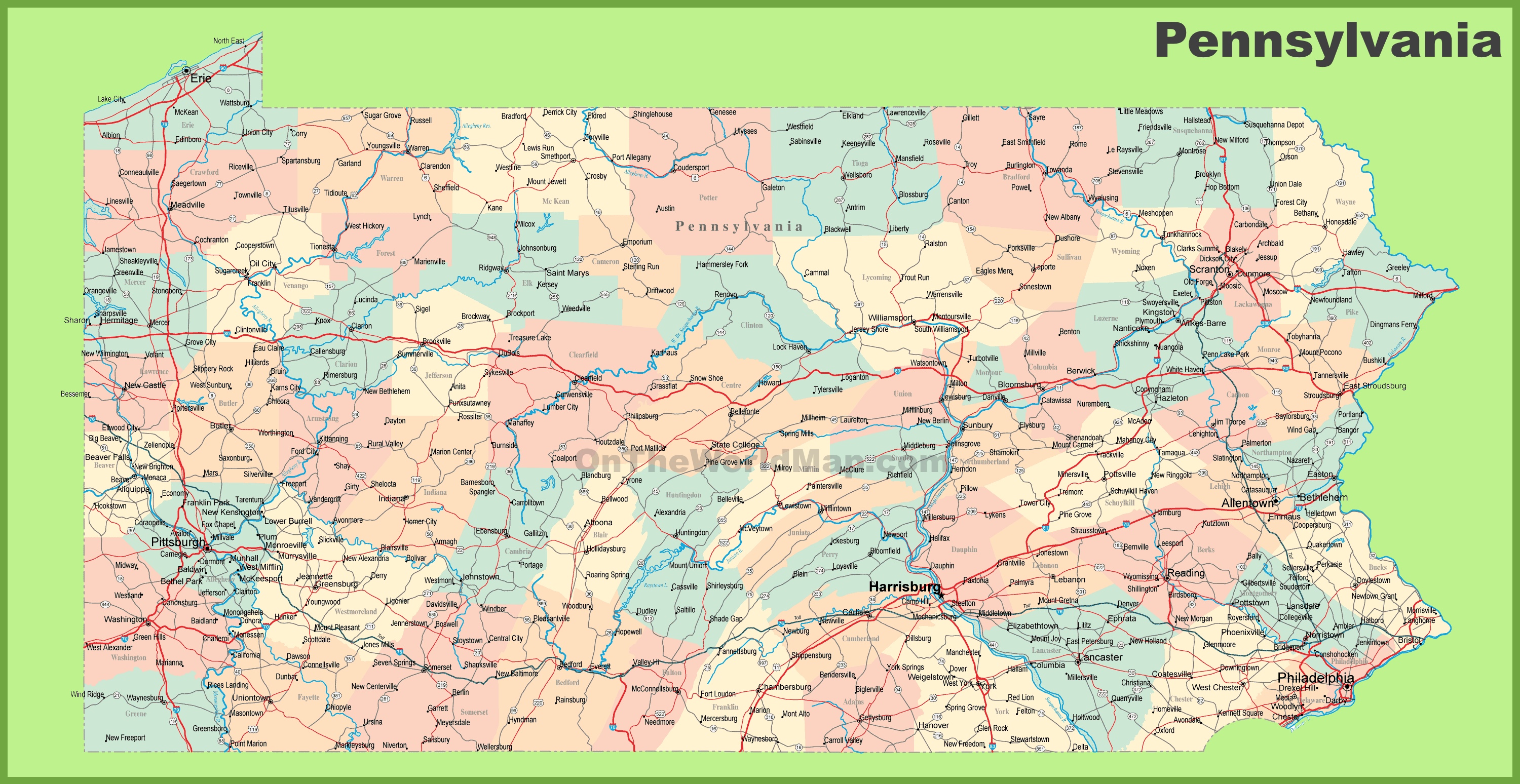 Road map of Pennsylvania with cities