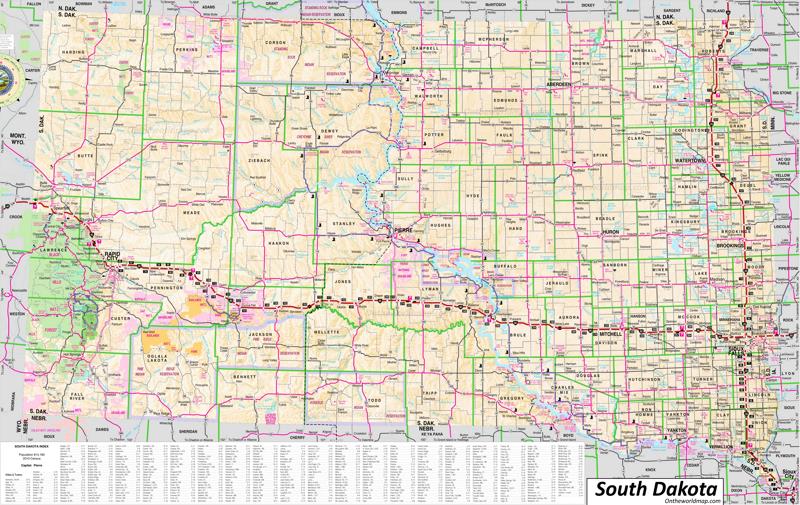 Large Detailed Tourist Map Of South Dakota With Cities And Towns Ontheworldmap