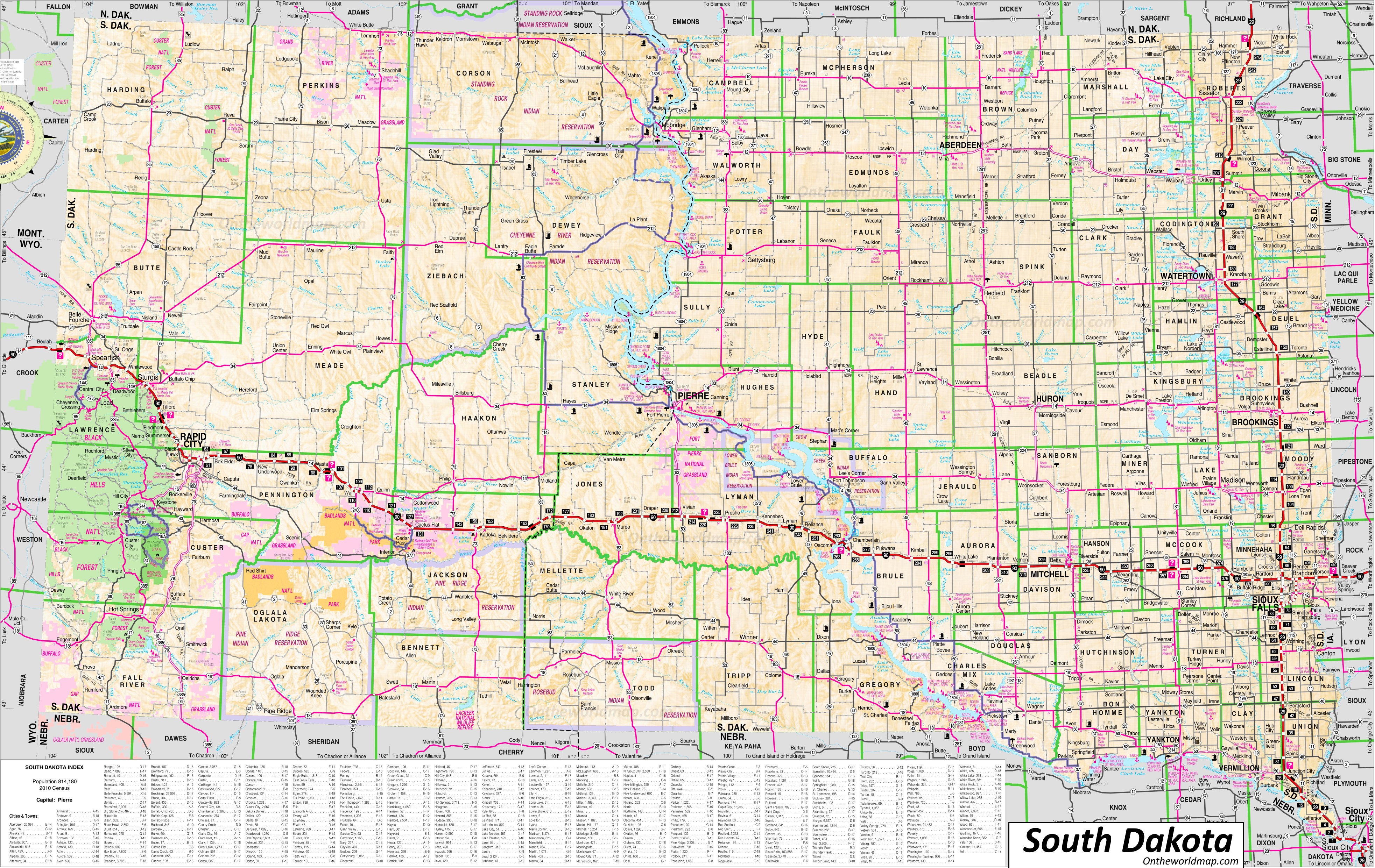 Large detailed Tourist Map of South Dakota With Cities and Towns