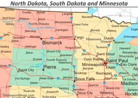 Map of North Dakota, South Dakota and Minnesota