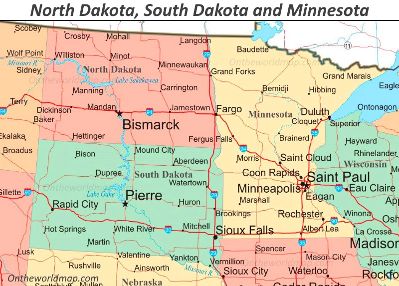 Map of North Dakota, South Dakota and Minnesota