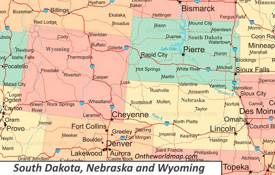 Map of South Dakota, Nebraska and Wyoming