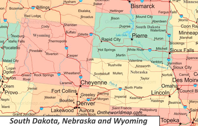 Map of South Dakota, Nebraska and Wyoming