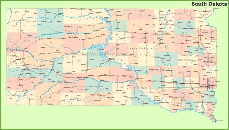 Road map of South Dakota with cities
