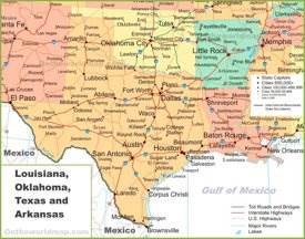 Map of Louisiana, Oklahoma, Texas and Arkansas