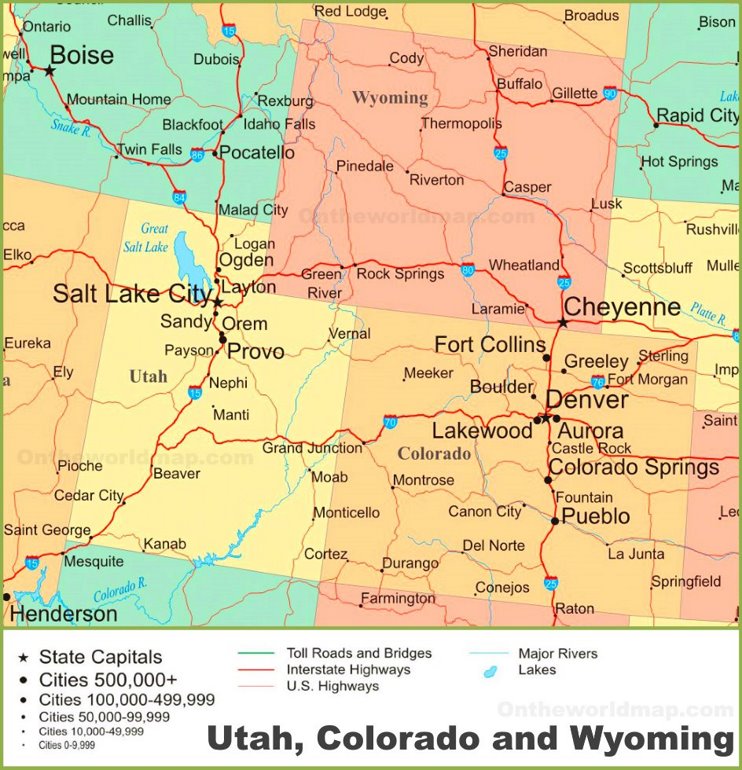 Map of Utah, Colorado and Wyoming