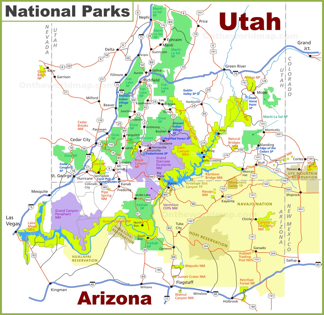 national parks in arizona map Utah Arizona National Parks Map national parks in arizona map