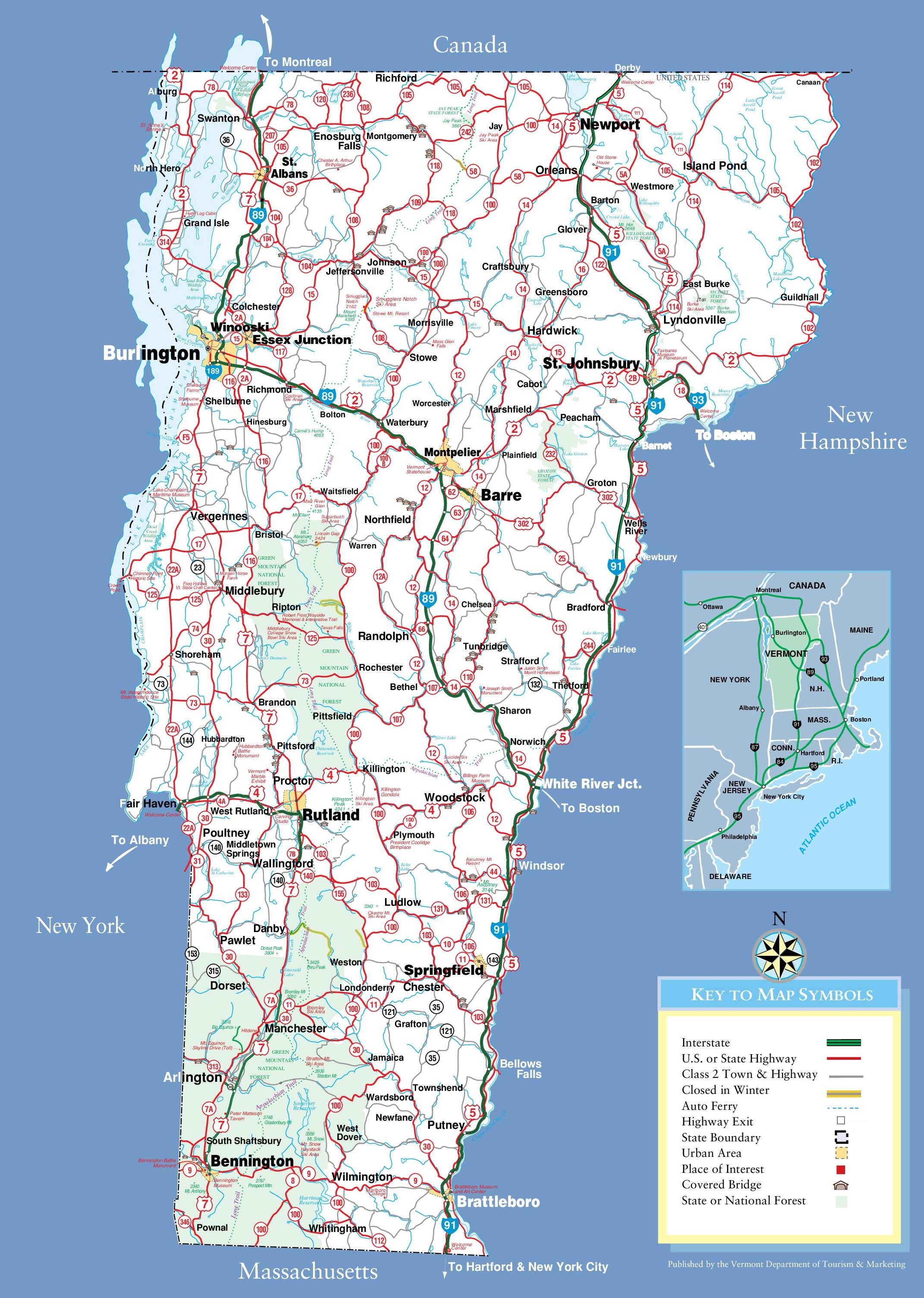 Large detailed tourist map of Vermont with cities and towns