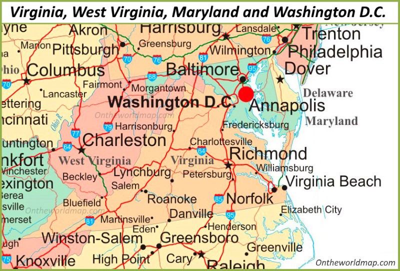 Map of Virginia, Maryland, West Virginia and Washington, D.C.