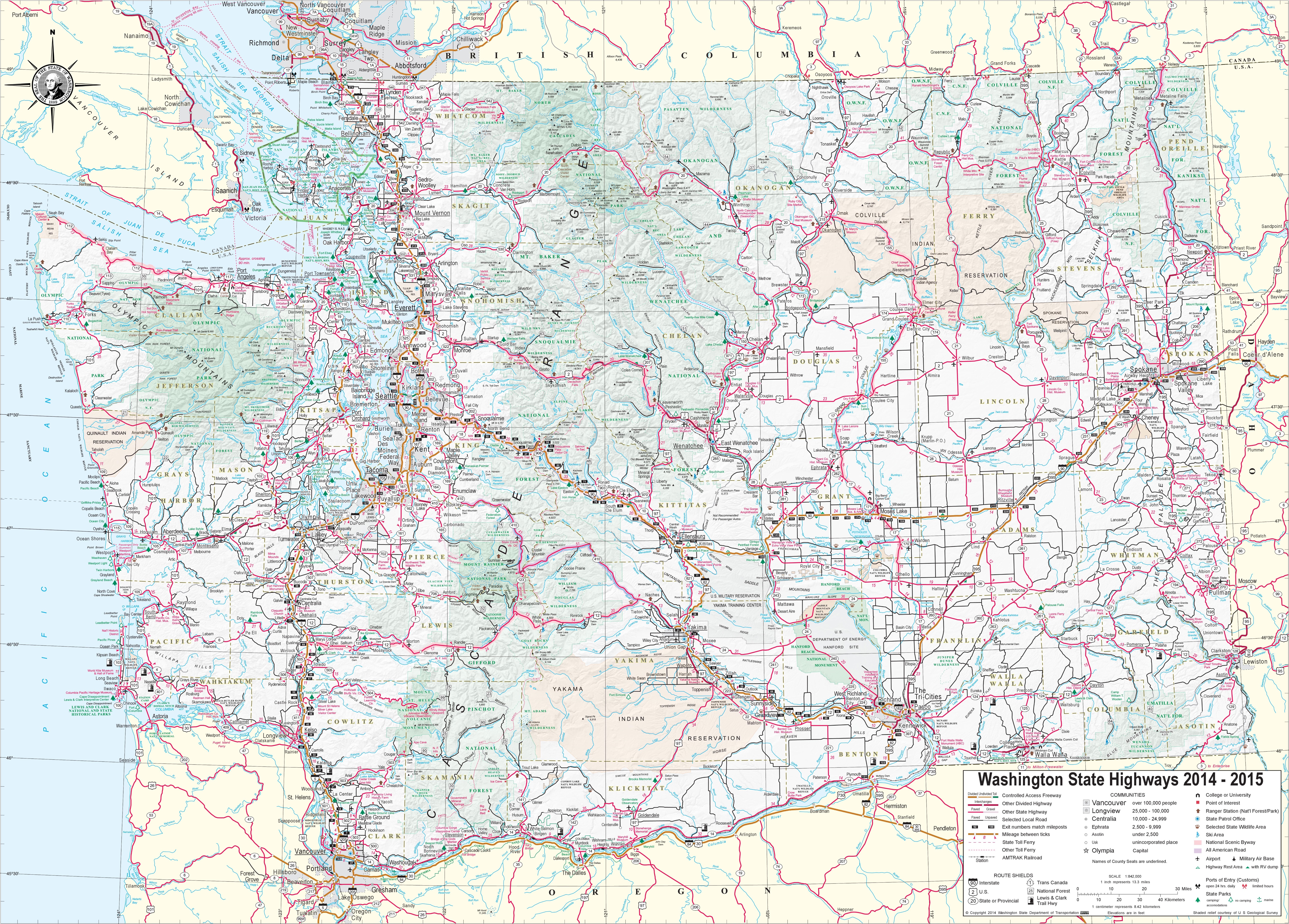 Large Detailed Tourist Map Of Washington With Cities And Towns 5692