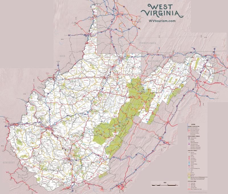 Large detailed tourist map of West Virginia