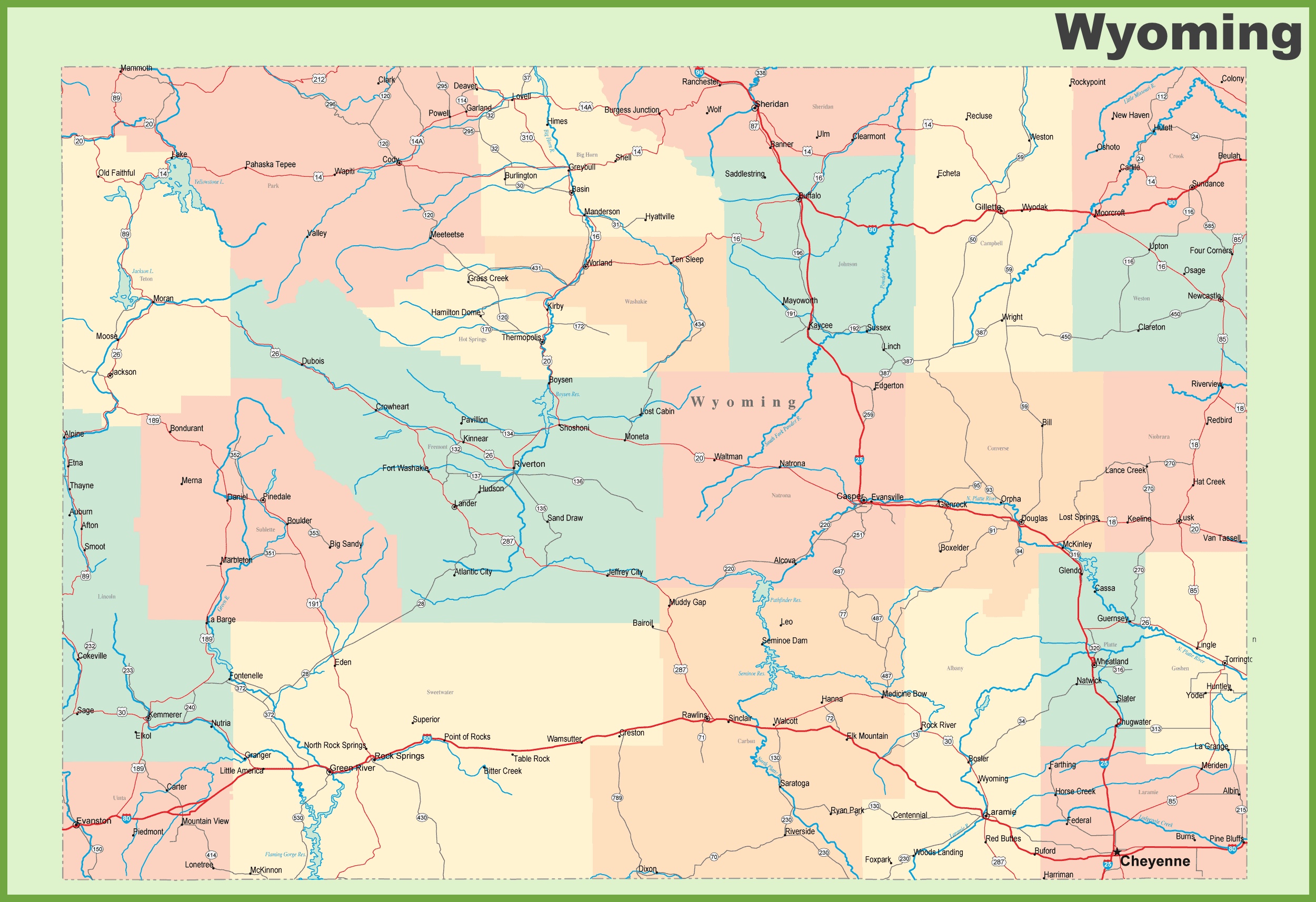 Road map of Wyoming with cities