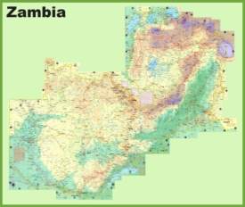 Large detailed map of Zambia with cities and towns