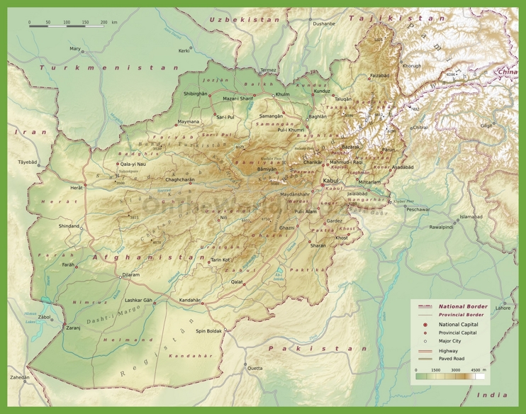 Detailed physical map of Afghanistan