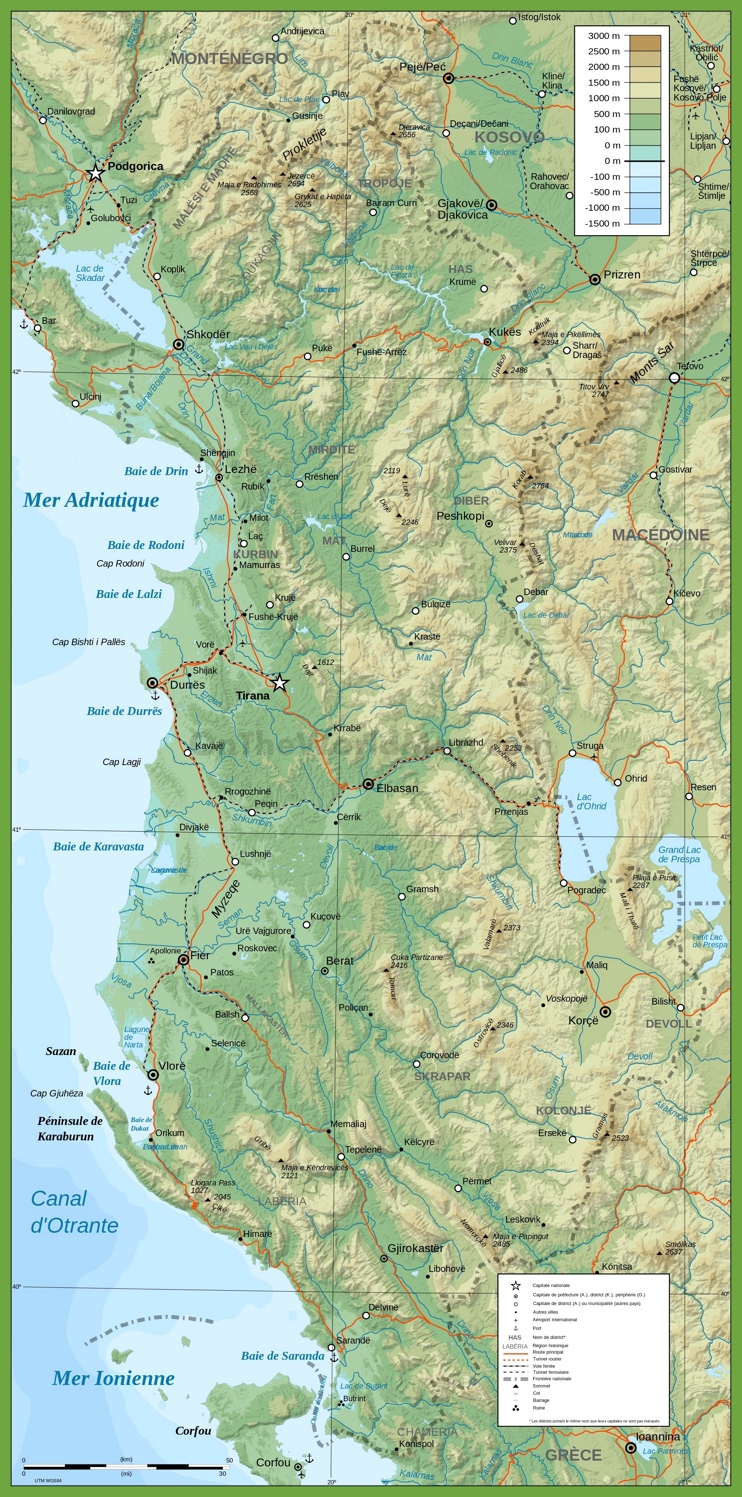 Large detailed physical map of Albania