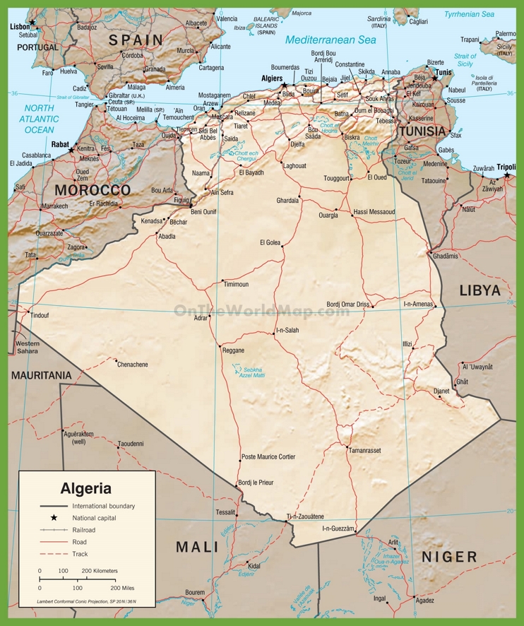 Detailed political map of Algeria with roads