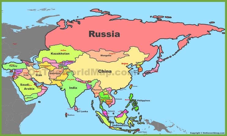 Map of Asia with countries and capitals