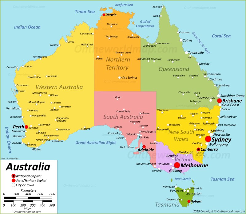 Large detailed map of Australia with cities and towns