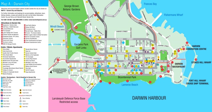 Darwin hotels and sightseeings map