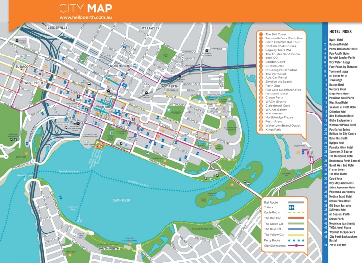 Perth hotels and sightseeings map