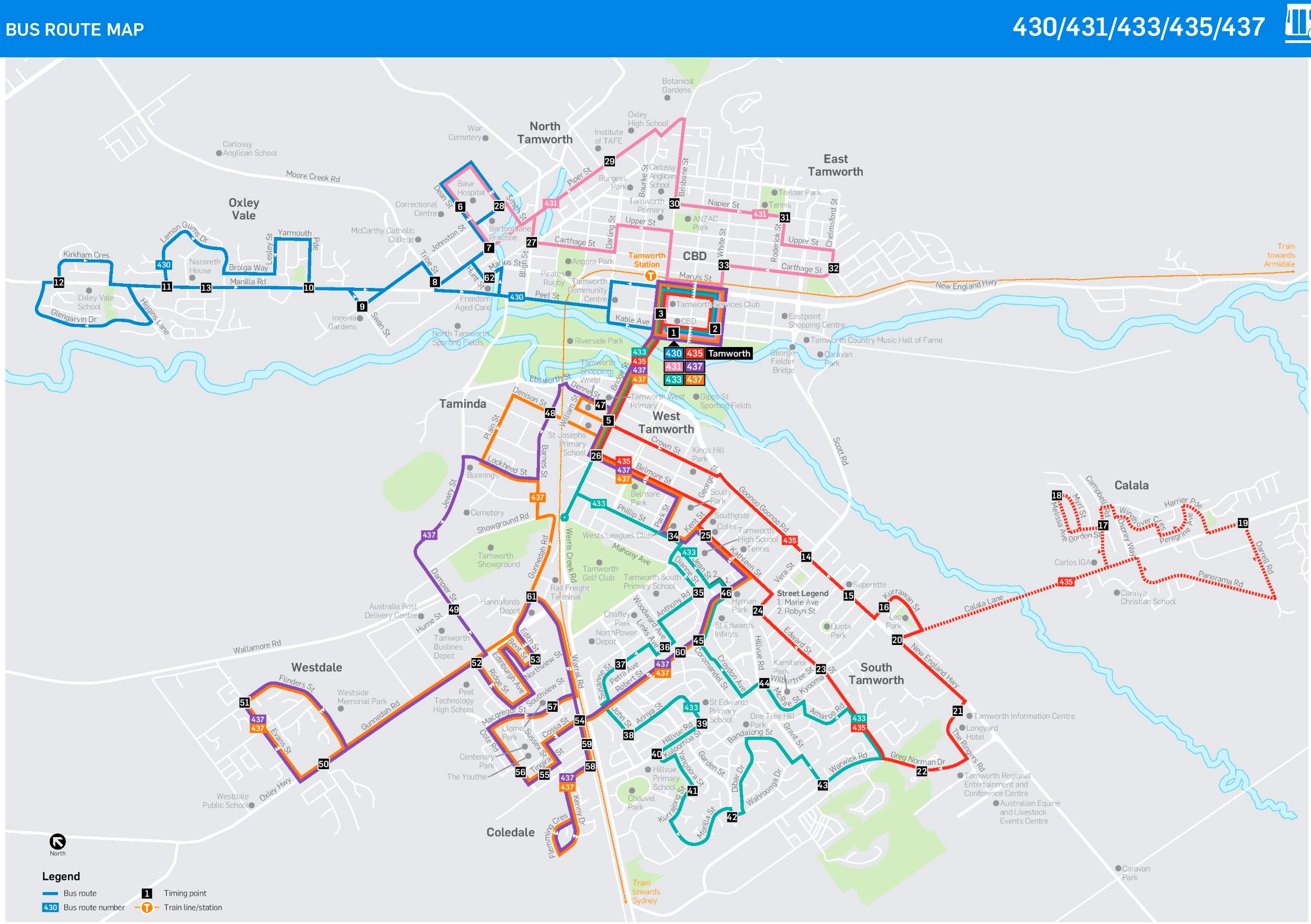 Description: This map shows bus routes and stops in Tamworth. 