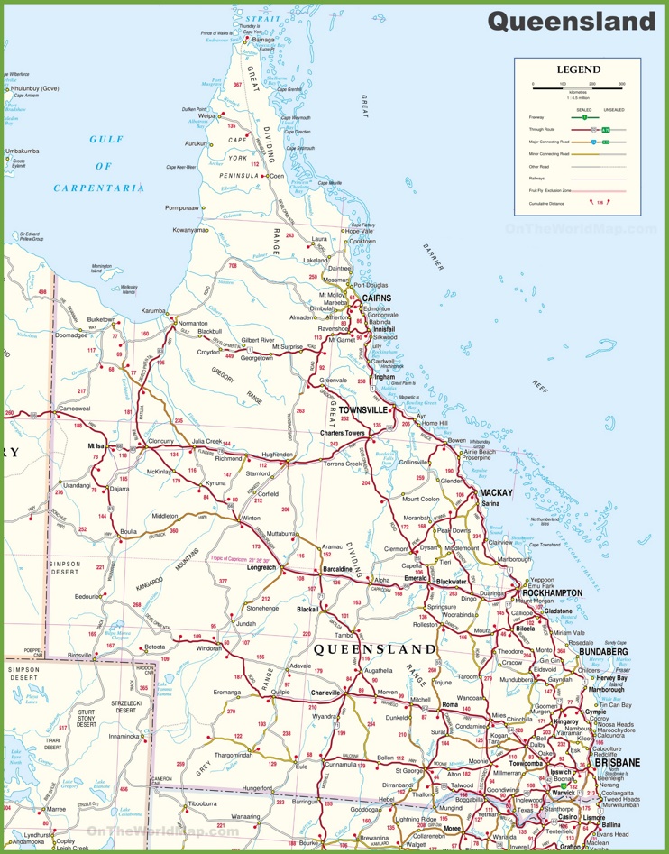 Large detailed map of Queensland with cities and towns