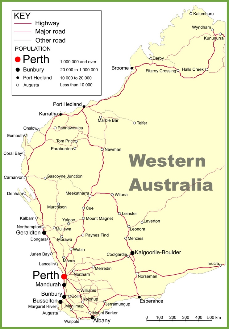 Road map of Western Australia with cities and towns
