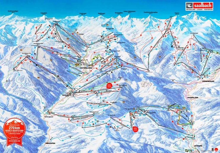Saalbach, Hinterglemm, Fieberbrunn and Leogang ski map