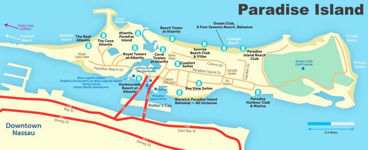Paradise Island hotels and beaches map