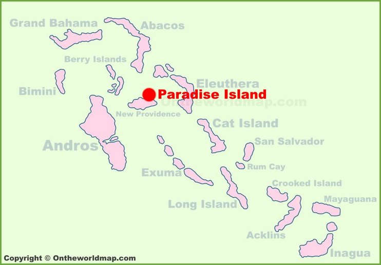 Paradise Island location on the Bahamas Map