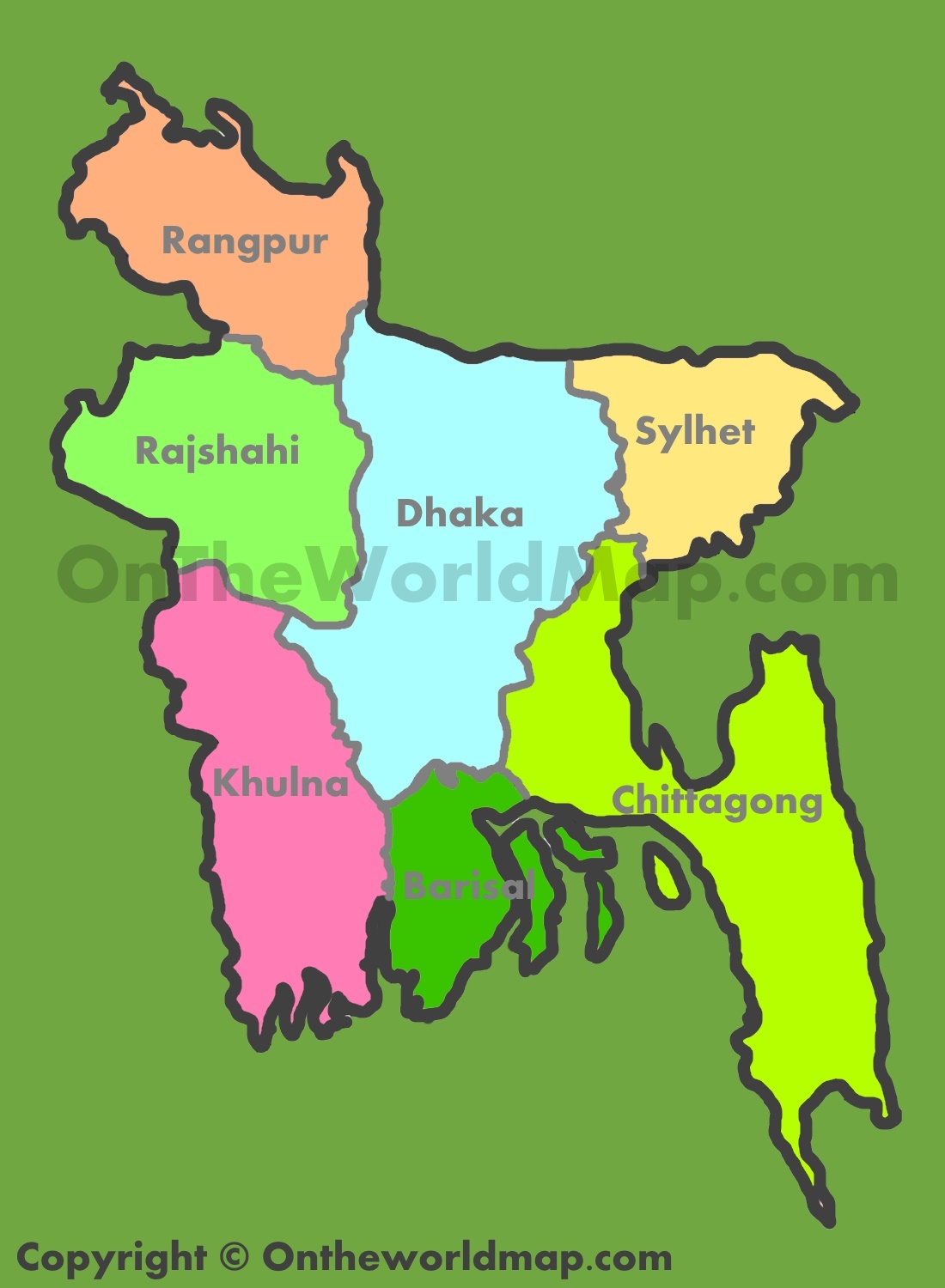 Administrative map of divisions in Bangladesh - Ontheworldmap.com