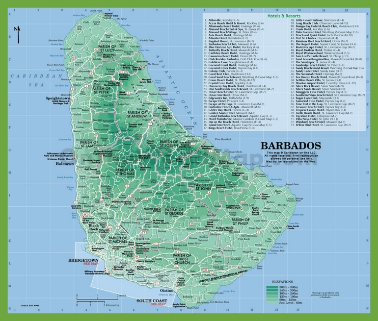 Map of Barbados with hotels and resorts