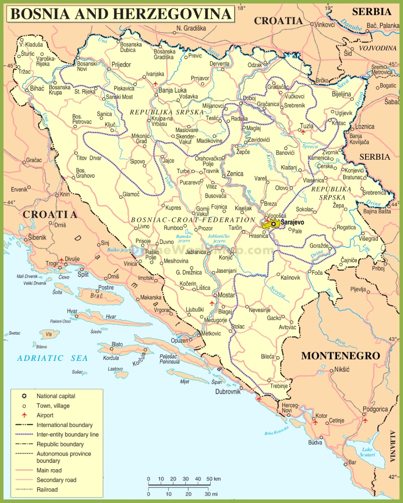 Road map of Bosnia and Herzegovina