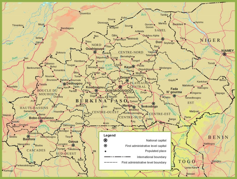 Large detailed map of Burkina Faso with cities