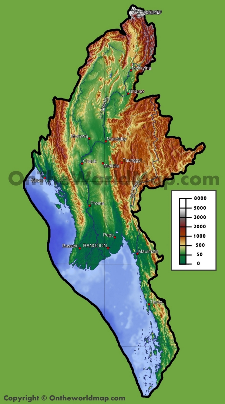 Burma physical map