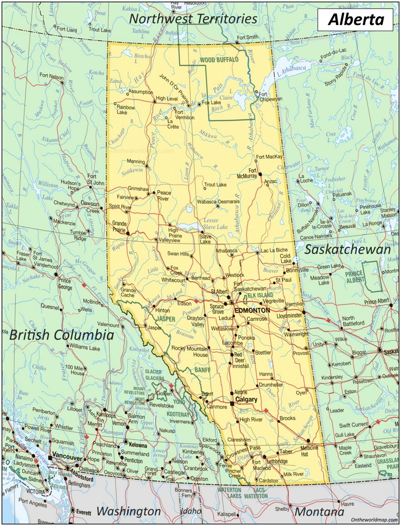 Large detailed map of Alberta with cities and towns
