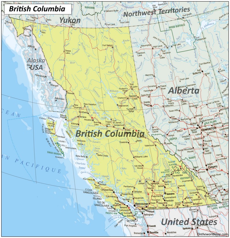 Large detailed map of British Columbia with cities and towns