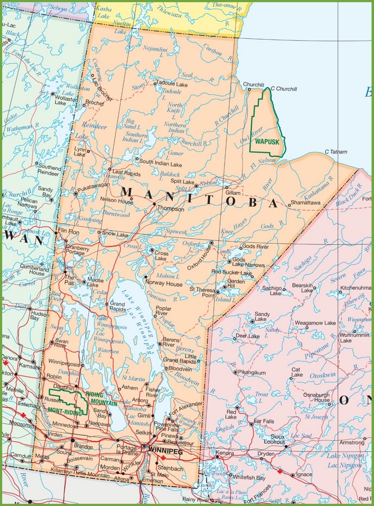 Large detailed map of Manitoba with cities and towns