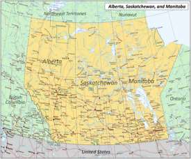 Map of Alberta, Saskatchewan, and Manitoba