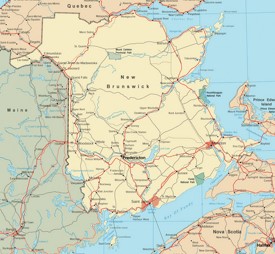 Map of New Brunswick with cities and towns