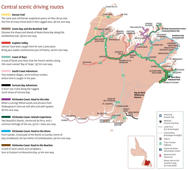 Central Newfoundland scenic driving routes map