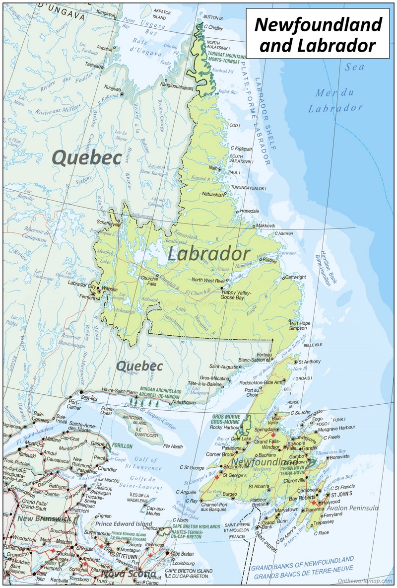 Large detailed map of Newfoundland and Labrador with cities and towns