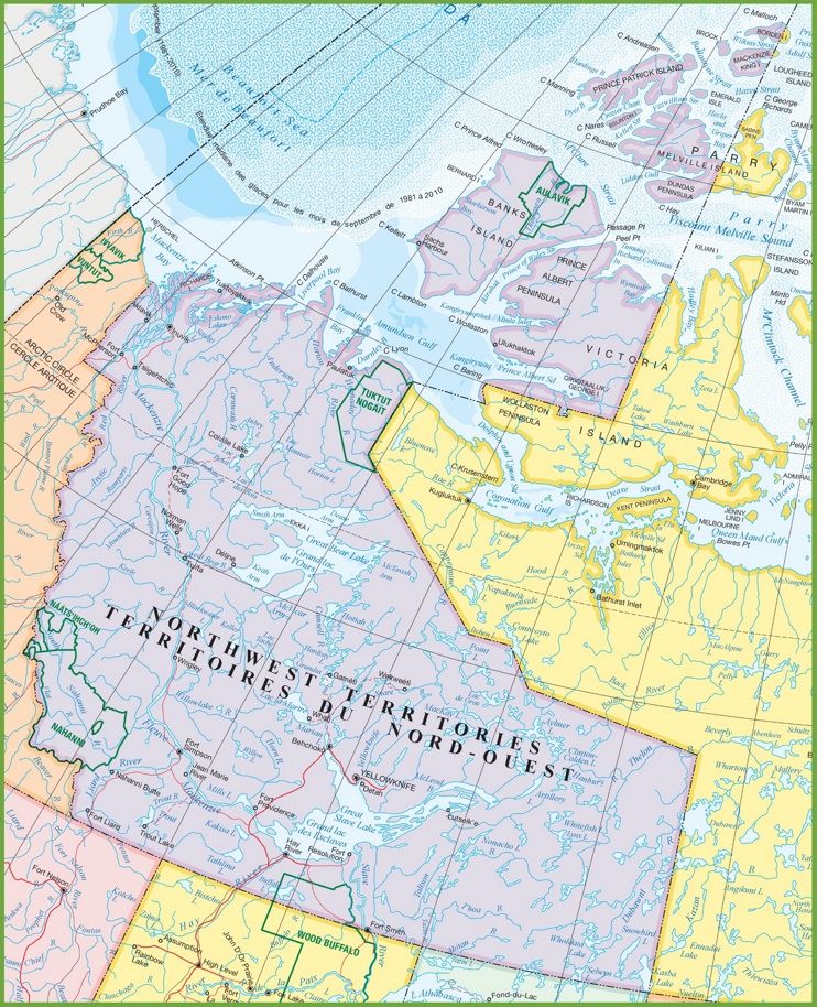 Large detailed map of Northwest Territories with cities and towns