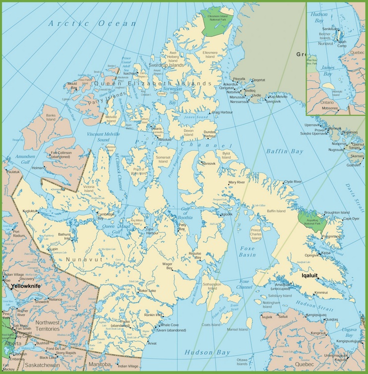 Map of Nunavut with cities and towns