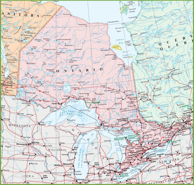 Map of Ontario with cities and towns