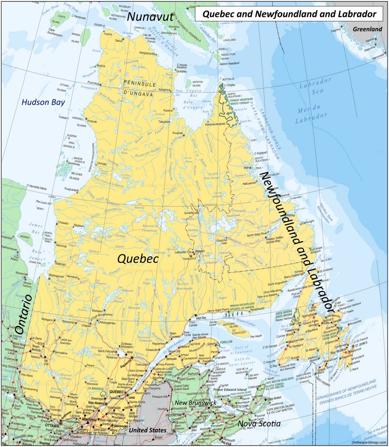 Map of Quebec and Newfoundland and Labrador