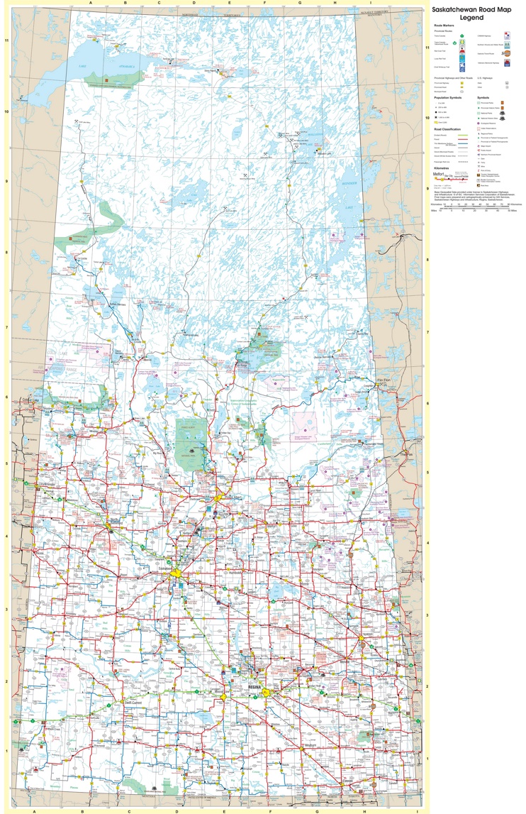 Large detailed tourist map of Saskatchewan with cities and towns