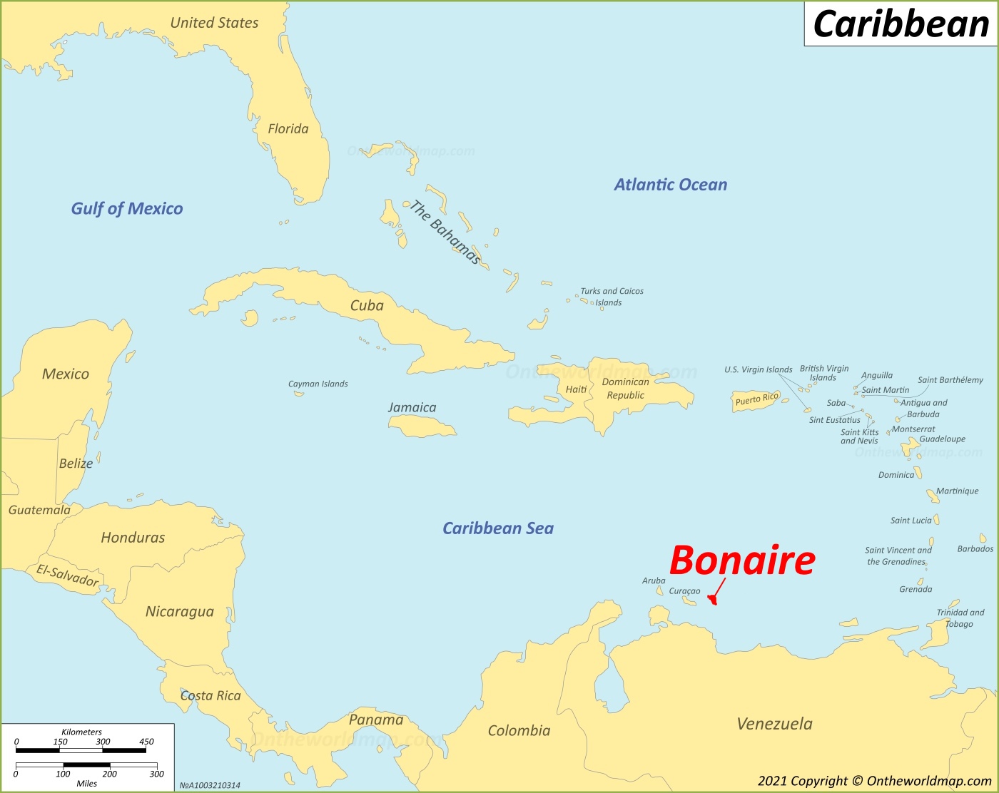 Bonaire location on the Caribbean Map